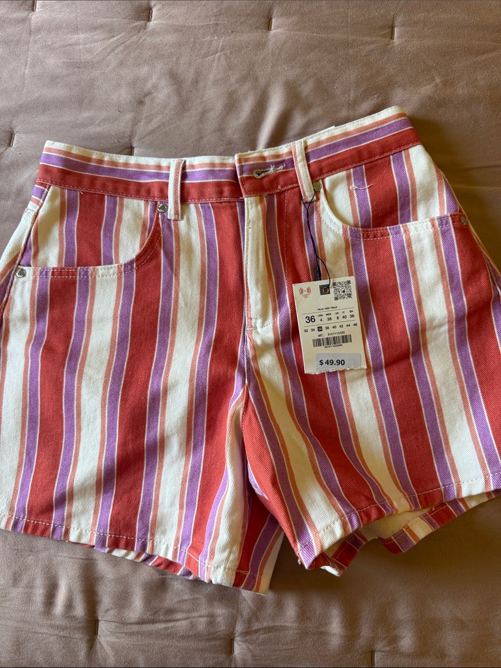 Zara Striped High-Rise Shorts - Red, Cream & Pink